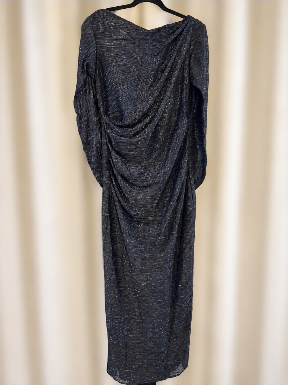 Betsy & Adam Aqua Formal Navy Metallic Cape Sleeve Gown 14W NWT